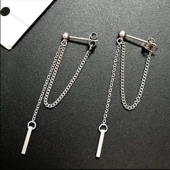 NEW 925 Sterling Silver Chain Bar Drop Earrings E5 - Picture 1 of 4